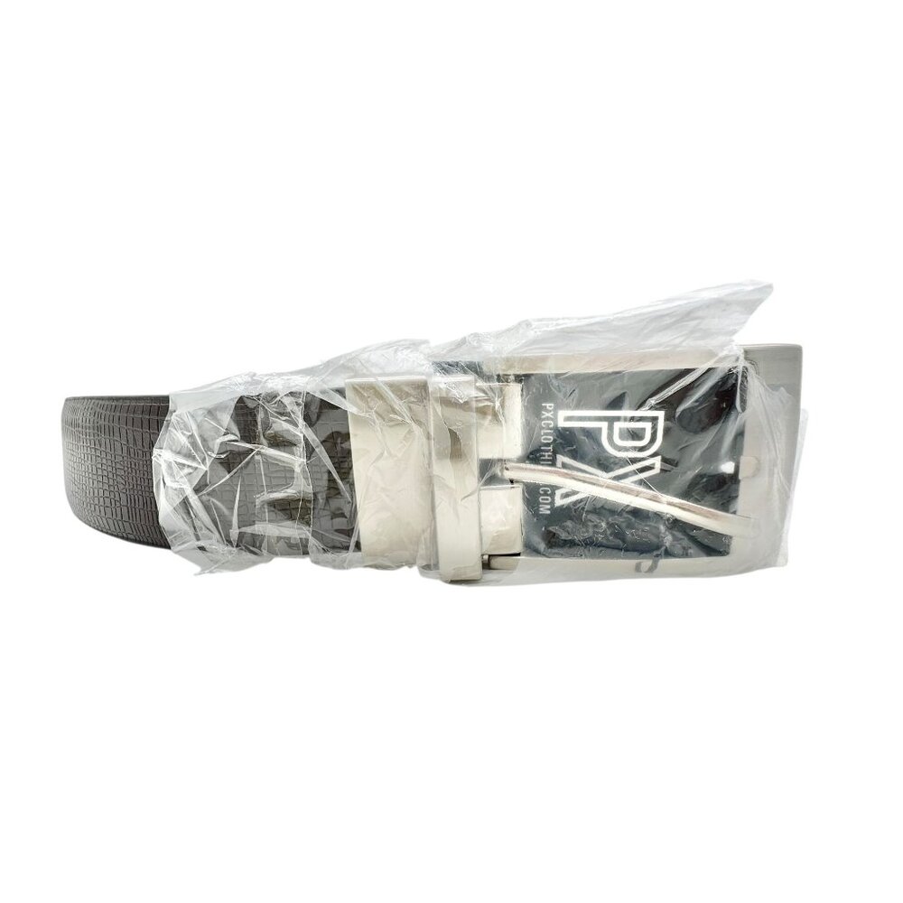 PX Clothing Belt Mens 40 Black Brown Croc-Embossed Leather Belt Metal Buckle NEW